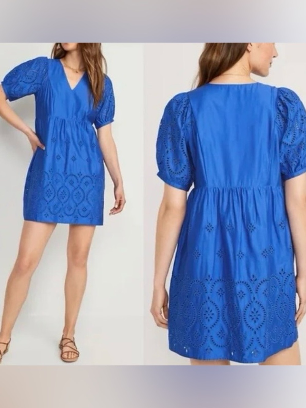 Old Navy Royal Blue Eyelet V-Neck Puff Sleeve Mini Dress